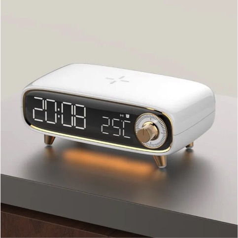 Bocina y Reloj Digital con Cargador Inalámbrico Color Blanco