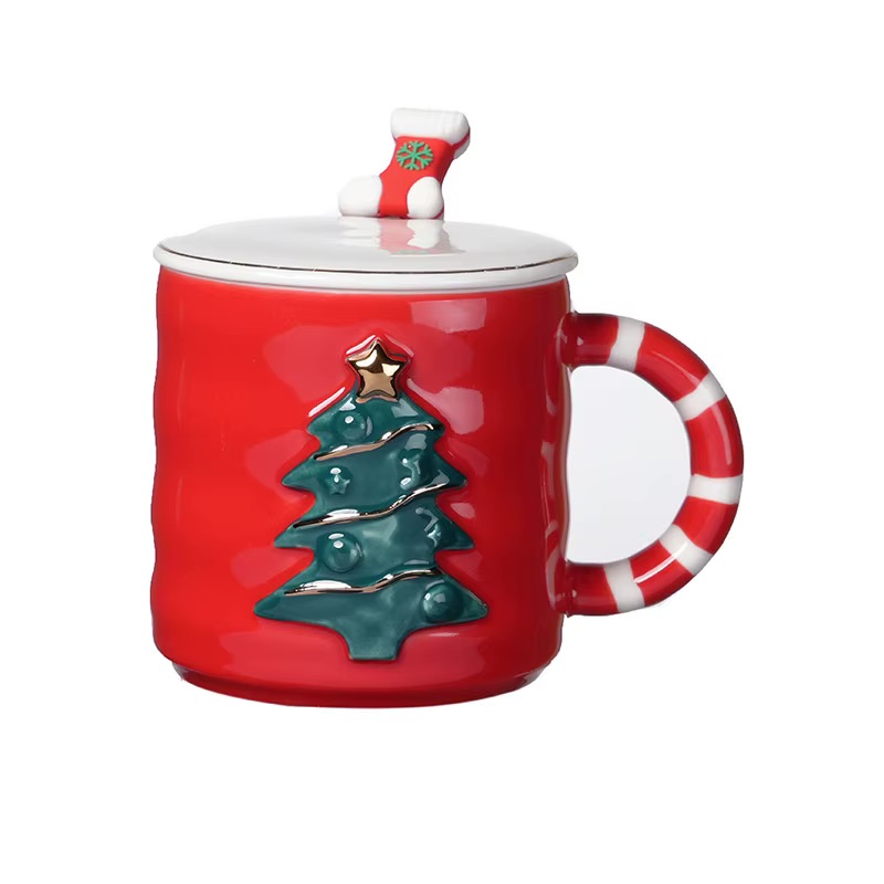 TAZA DE CERAMICA ROJA CON ARBOL VERDE 300 ML