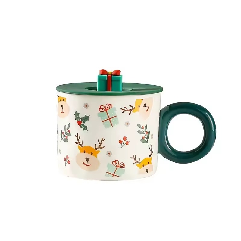 TAZA DE CERAMICA BLANCO Y VERDE  REGALOS Y VENADOS 400 ML